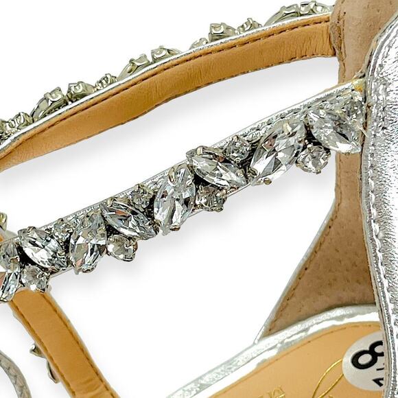 Jewel Badgley Mishka NEW Thamar Crystal Strappy Block Heel Silver Women's Sz 8.5 - Picture 5 of 14